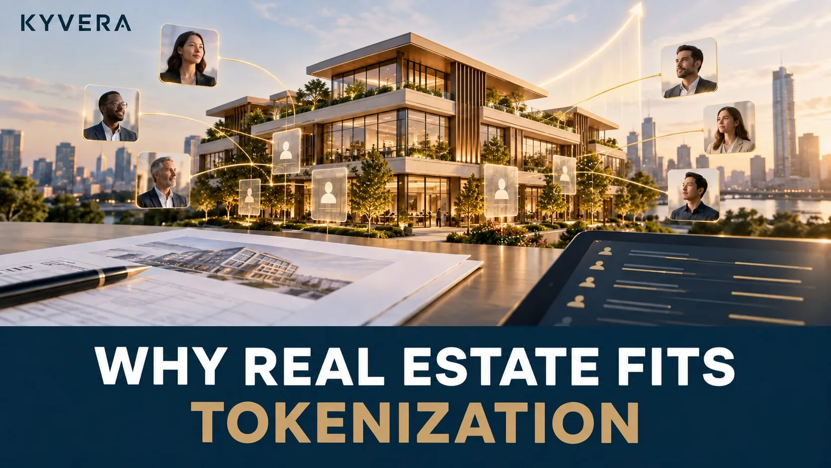 Modern commercial building connected to portraits of diverse investors, titled Why Real Estate Fits Tokenization.