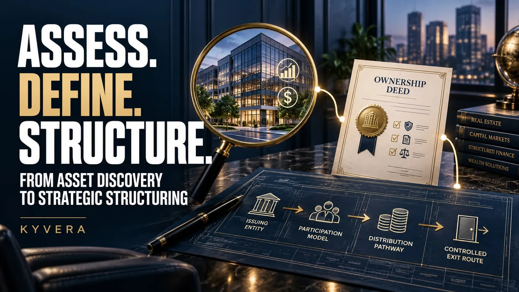 Magnifying glass over an office building, ownership deed and structuring blueprint running from issuing entity to exit route.