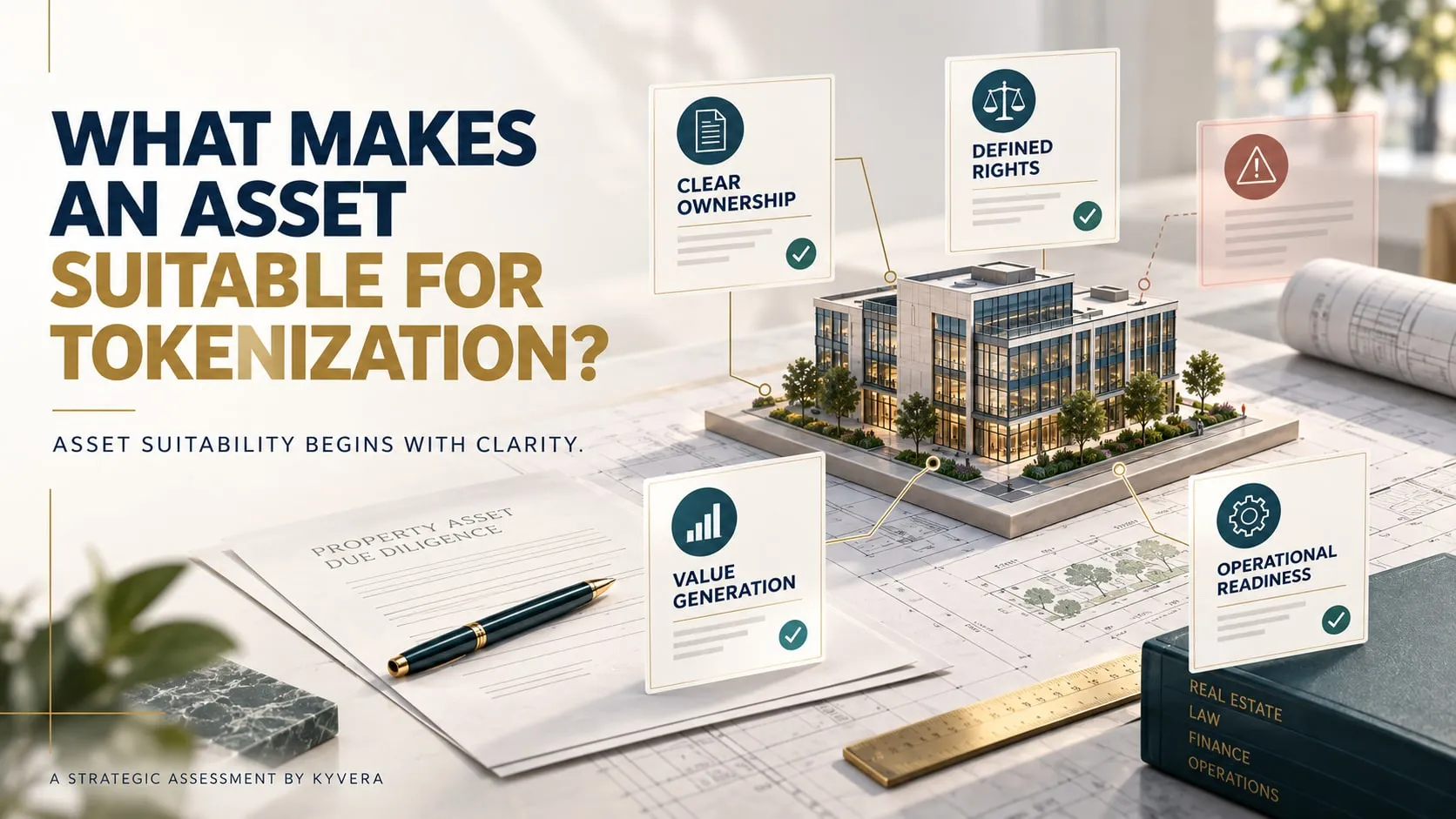 Building model on blueprints surrounded by clear ownership, defined rights, value generation and operational readiness checklist cards.