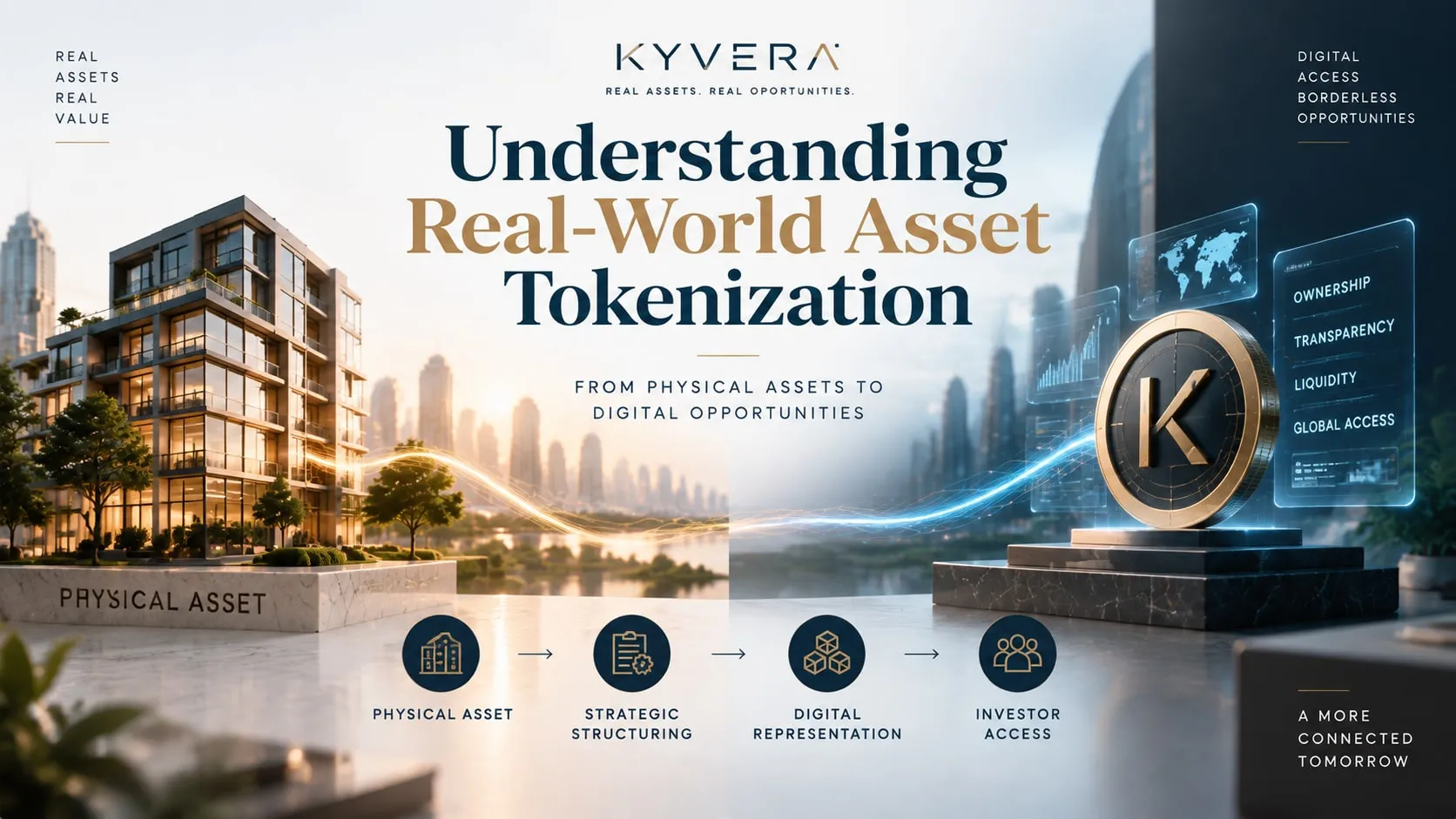 Understanding Real-World Asset Tokenization graphic showing a building linked to a Kyvera token and four process steps.