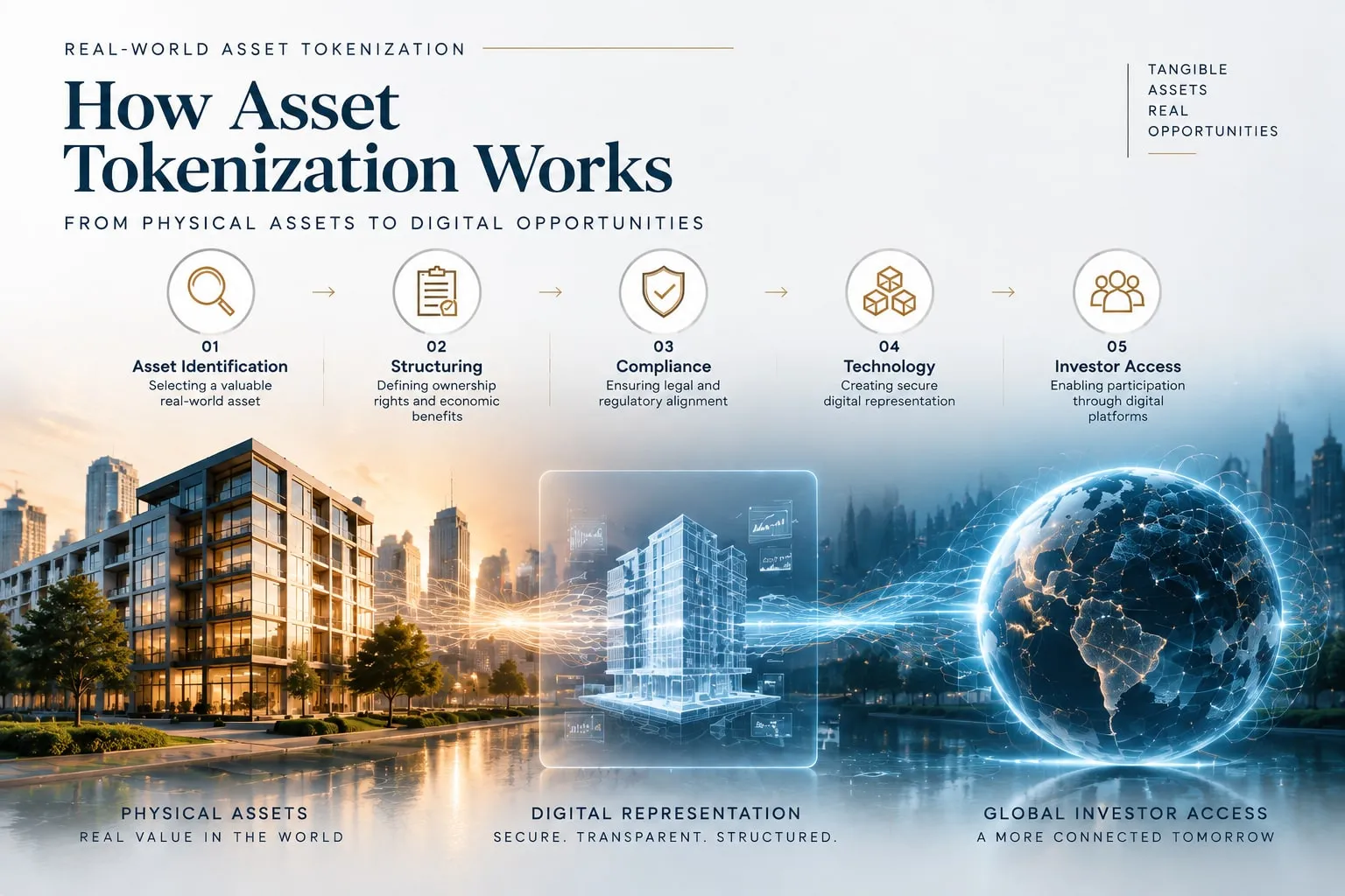 How Asset Tokenization Works infographic tracing five steps from asset identification through compliance to global investor access.
