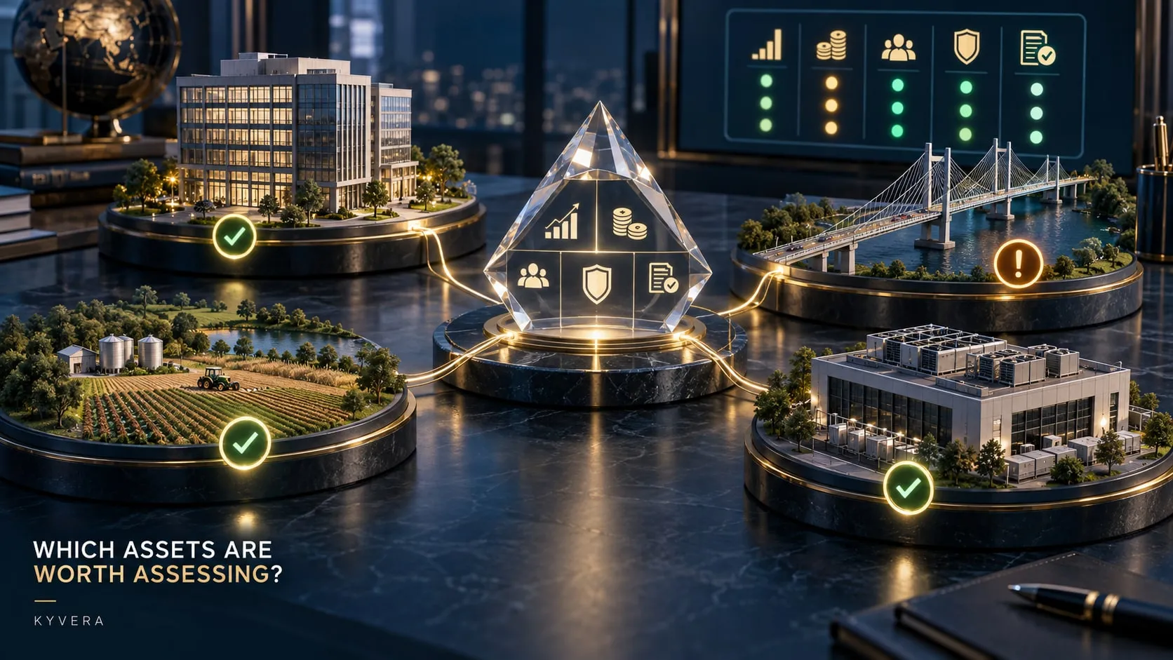 Office, farmland, bridge and data center models marked with checks or warnings around a crystal of assessment icons.