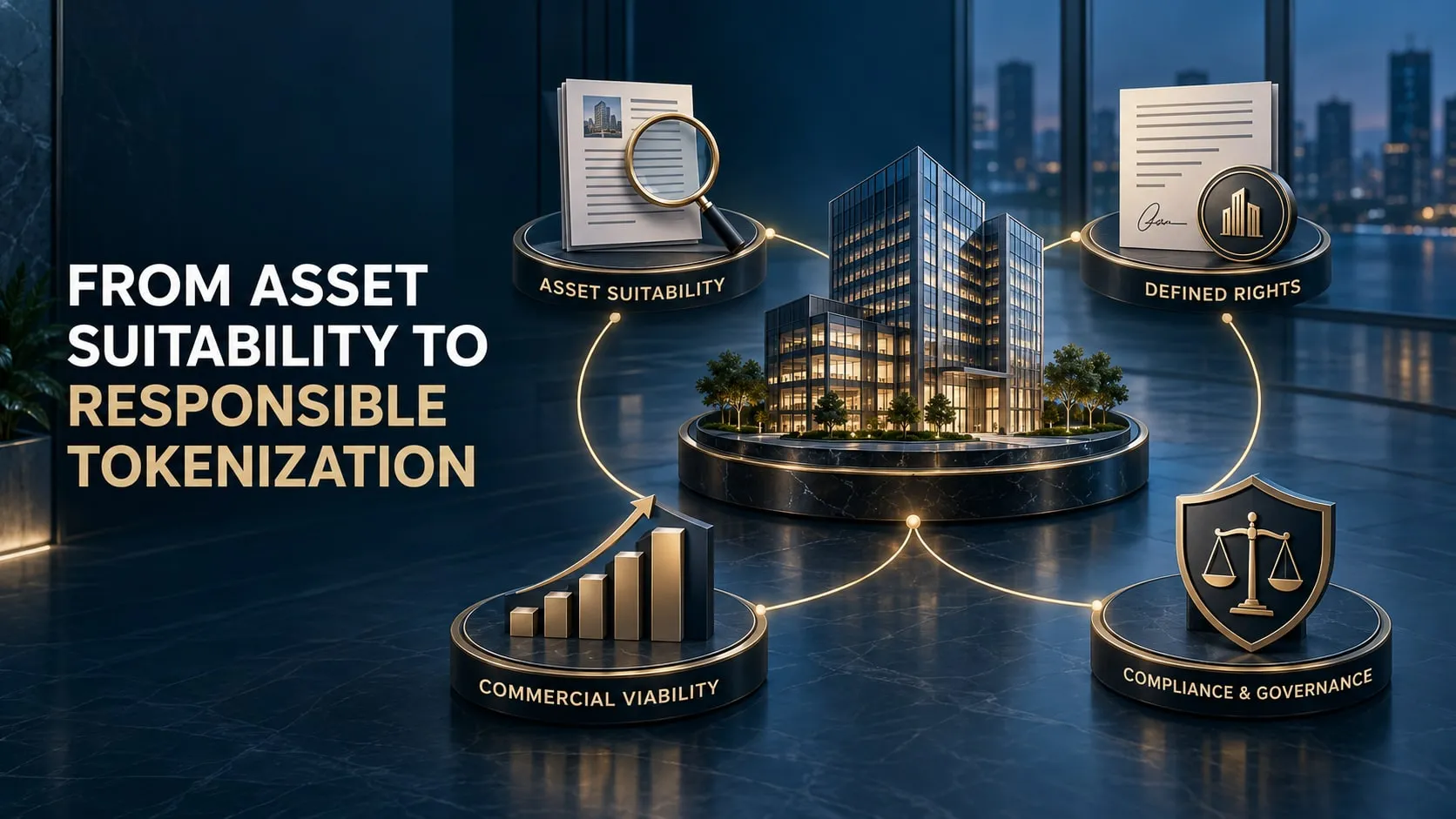Office tower model encircled by asset suitability, defined rights, compliance and governance, and commercial viability platforms.
