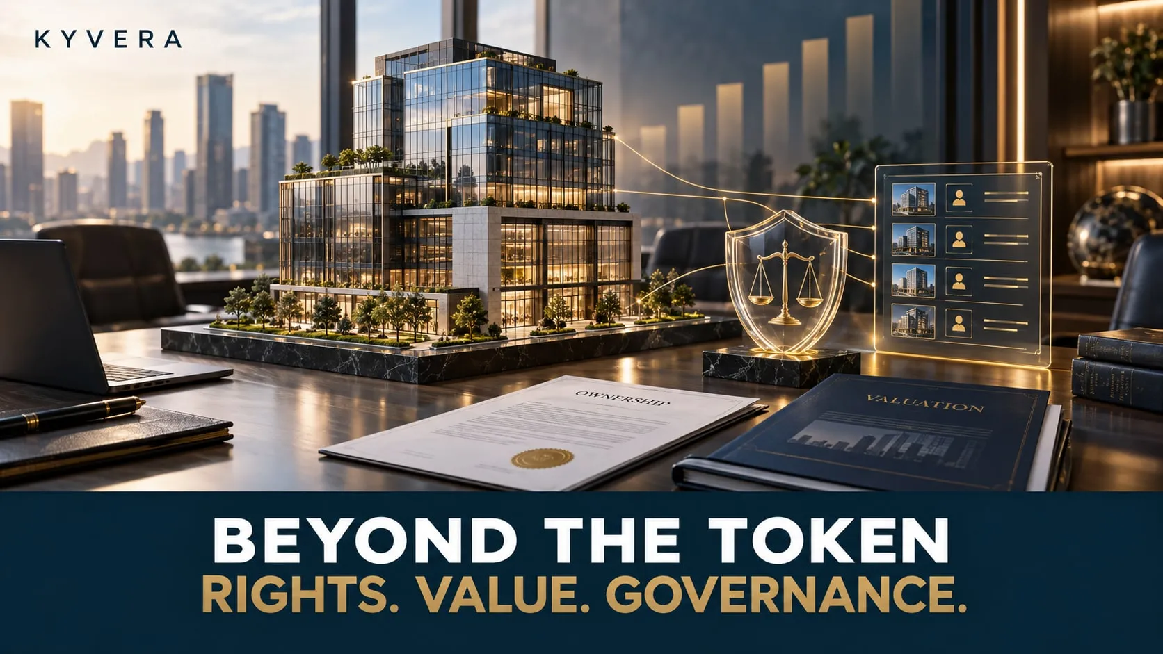 Glass office building model beside ownership and valuation documents and a governance shield, titled Beyond the Token.
