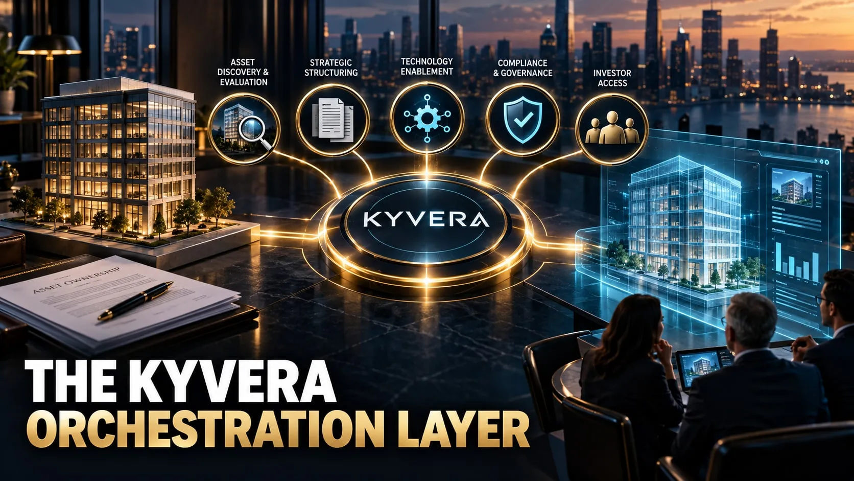 Kyvera orchestration layer linking asset discovery, structuring, technology, compliance and investor access to a digital building model.