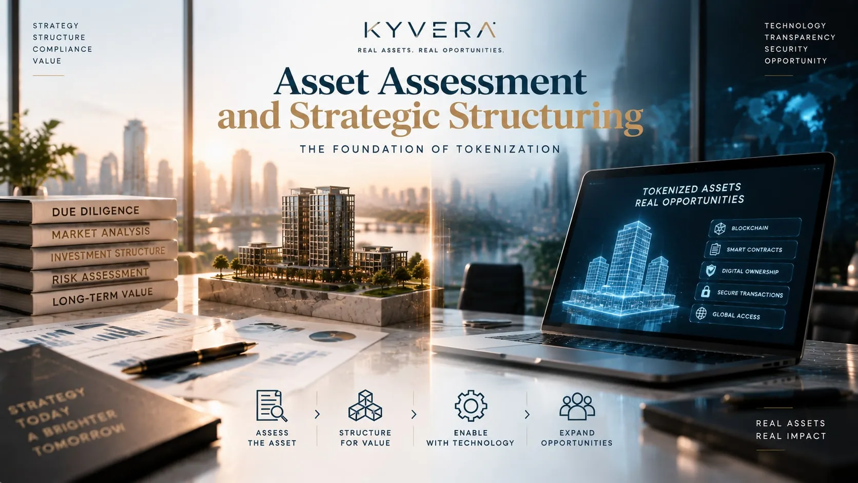 Asset Assessment and Strategic Structuring graphic showing due diligence books, a building model and a tokenization laptop screen.