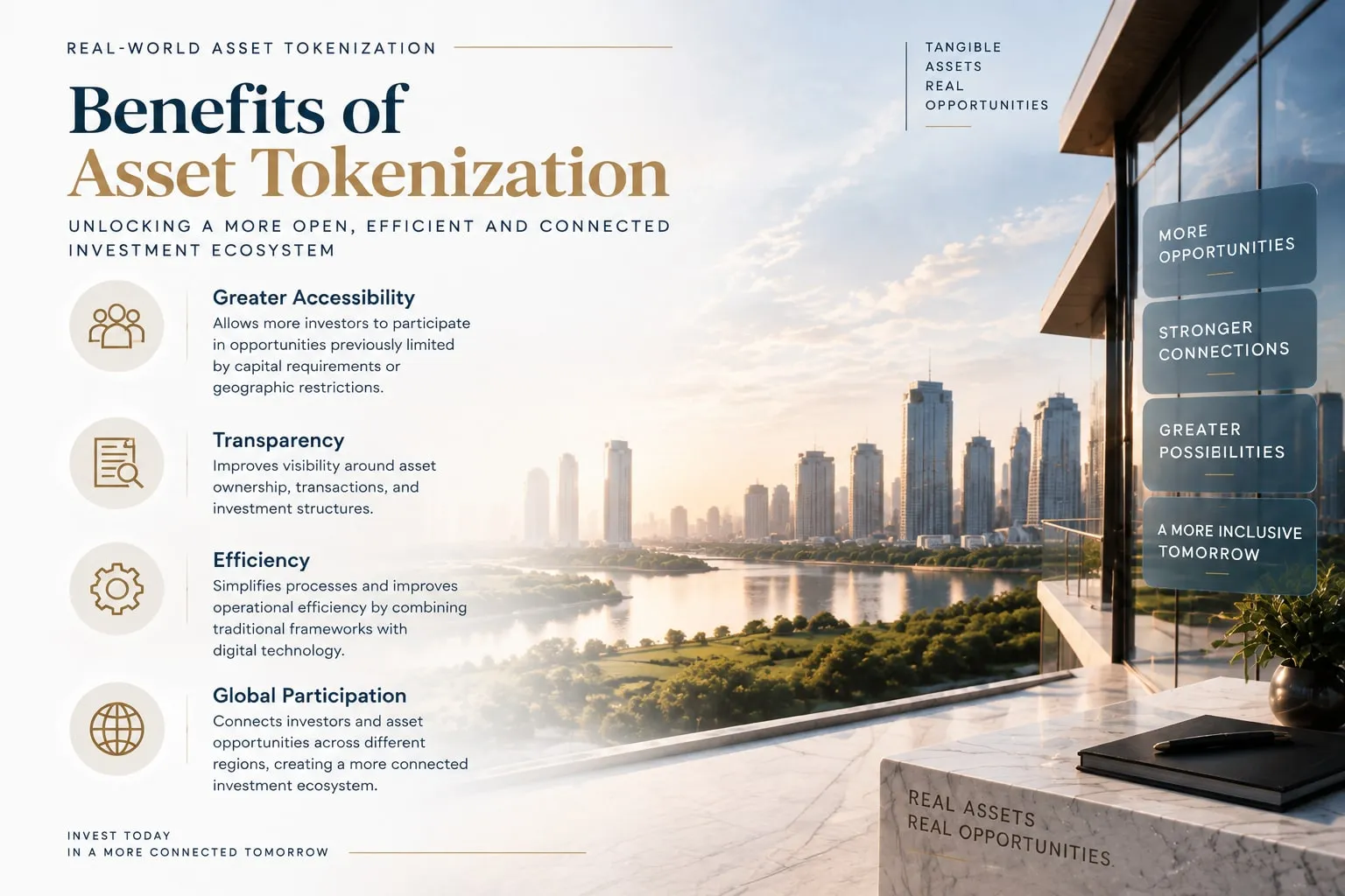 Benefits of Asset Tokenization infographic listing greater accessibility, transparency, efficiency and global participation beside a riverside city skyline.