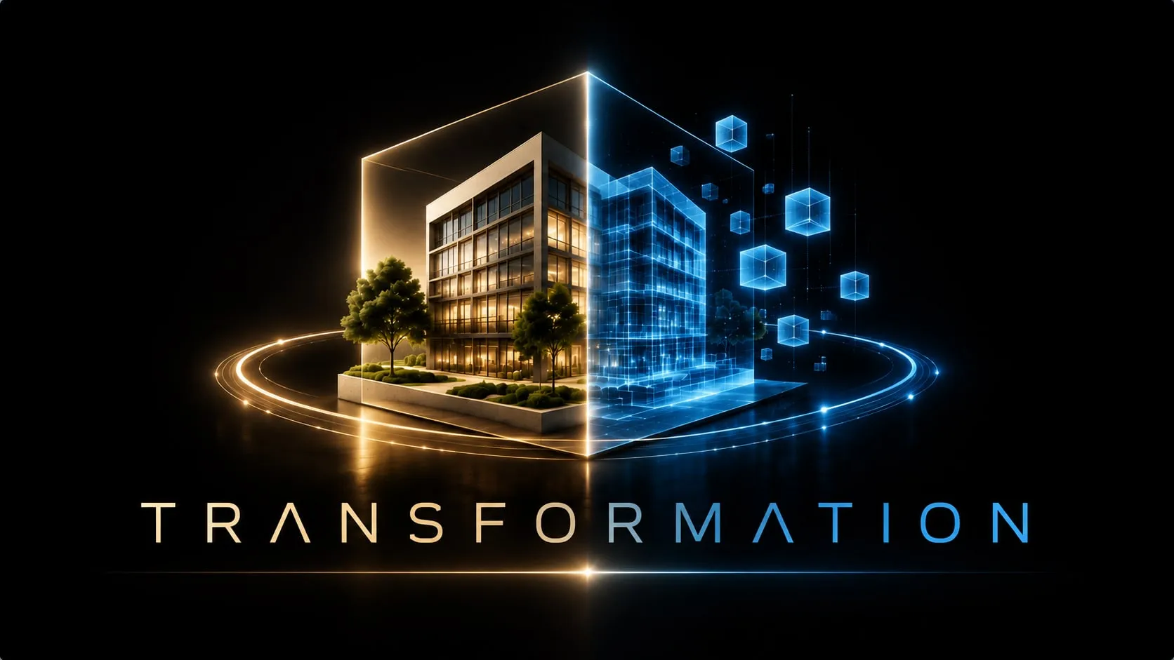 Transformation graphic of an office building split between its physical form and a glowing blue digital token version.