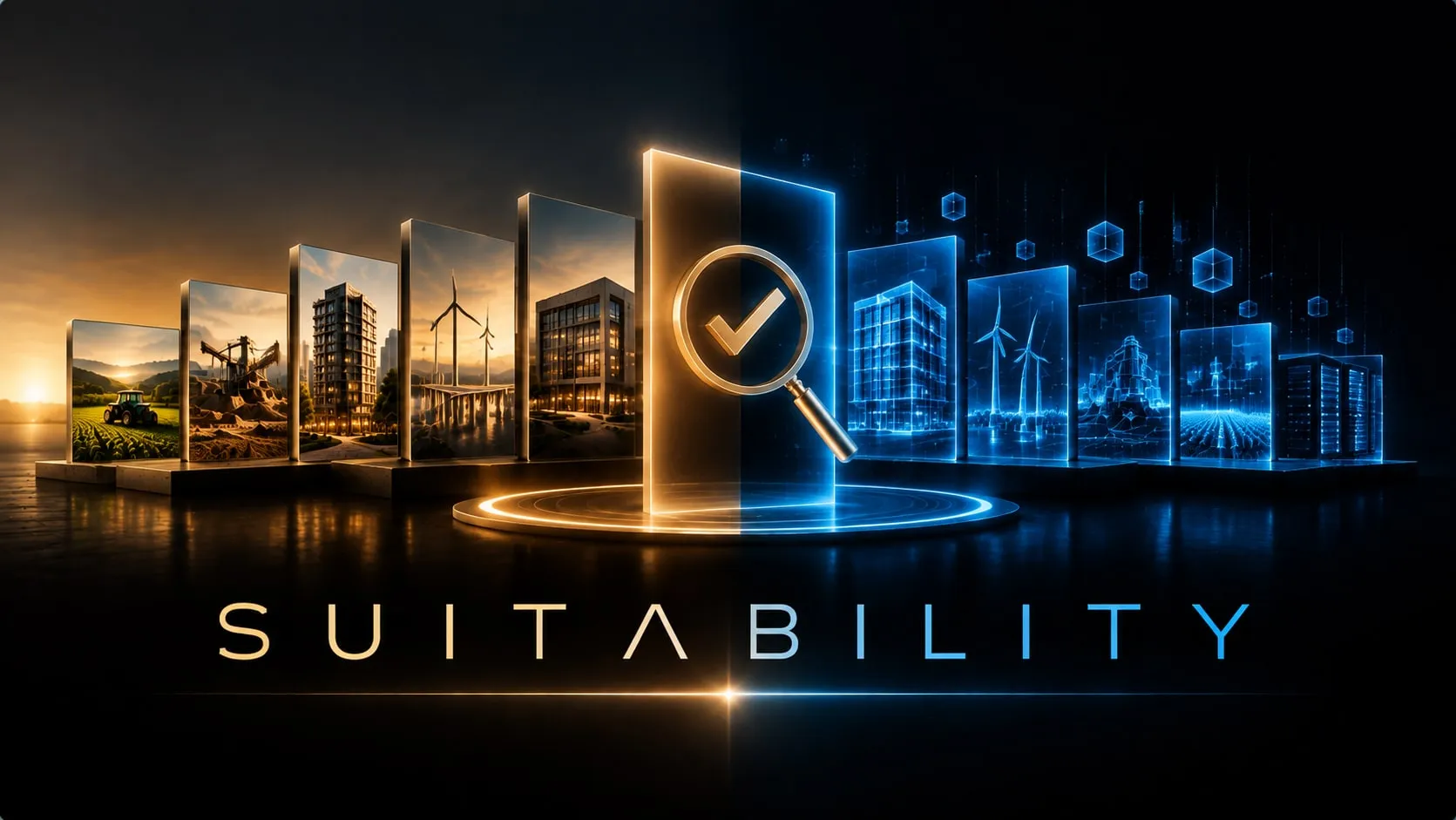 Suitability graphic with a magnifying glass checkmark sorting farmland, mining, housing, wind energy and offices into digital forms.