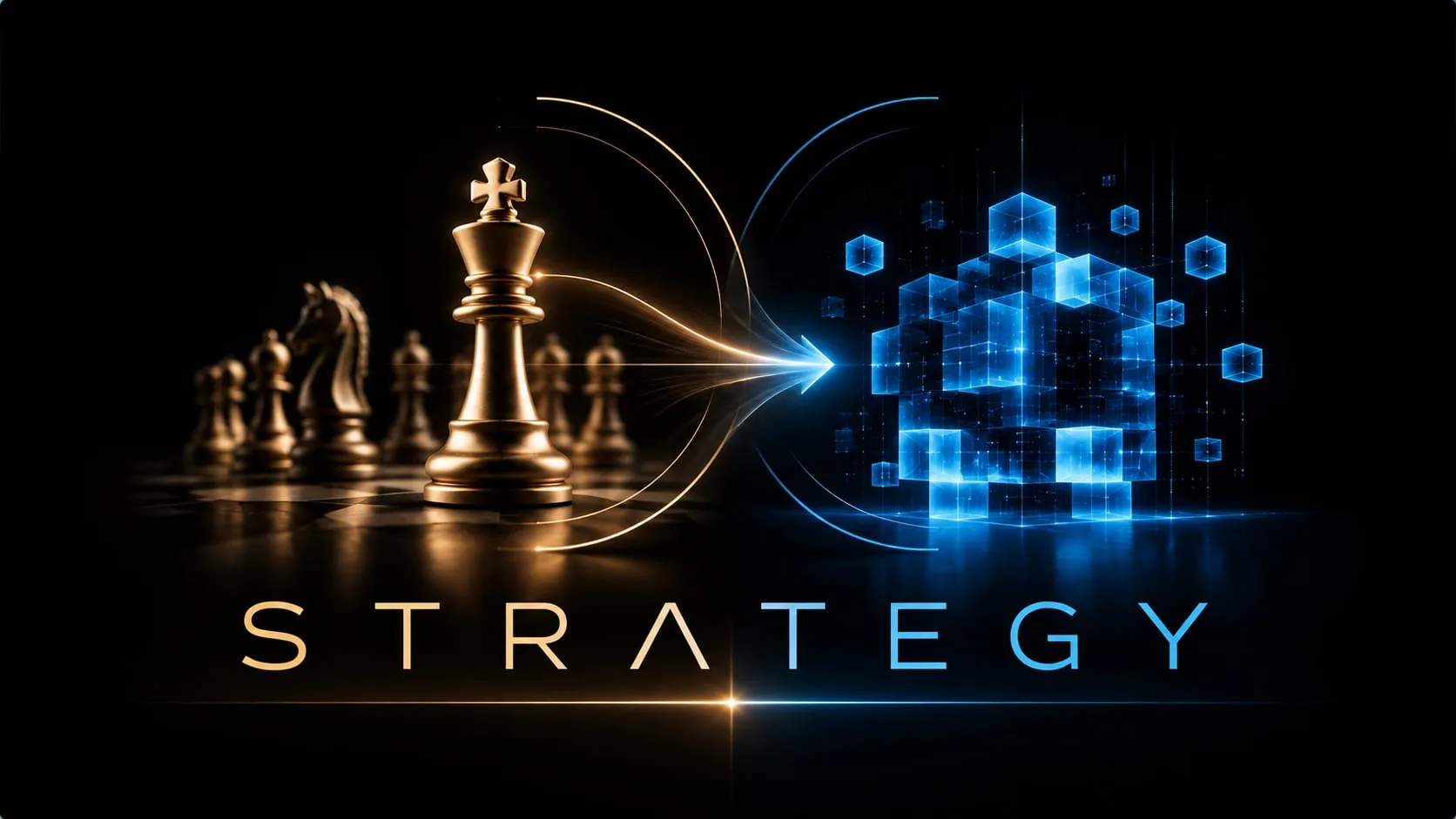 Gold chess king with an arrow pointing to glowing blue blockchain cubes above the word Strategy.
