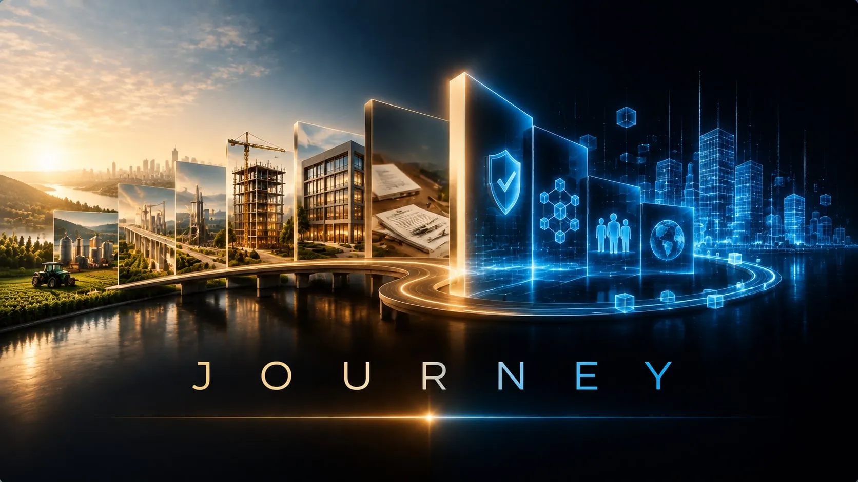Journey graphic tracing farmland, infrastructure, construction, offices and legal documents into digital compliance and investor icons.