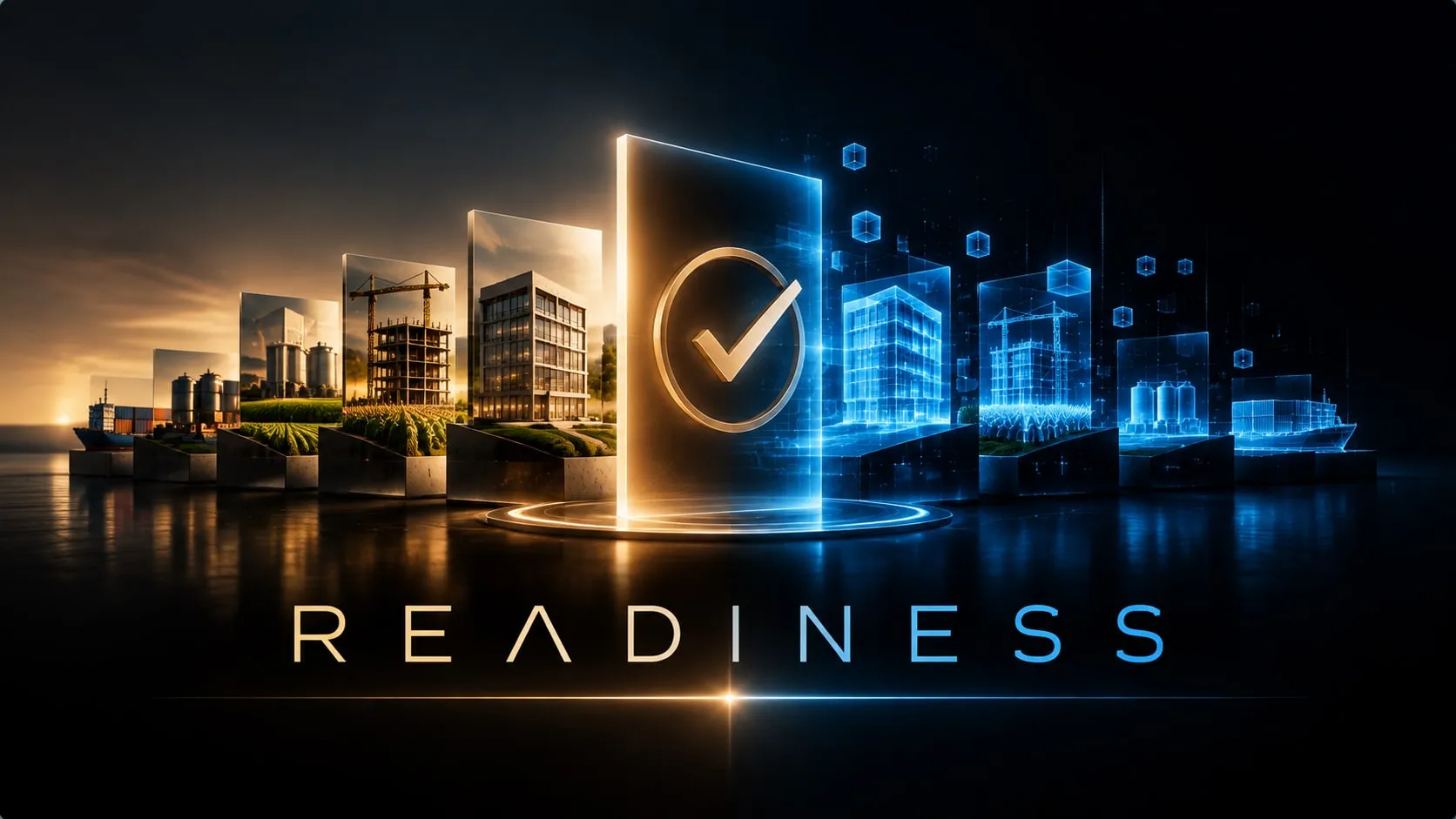 Readiness graphic with shipping, storage, farmland, construction and office assets turning into blue digital versions past a checkmark.