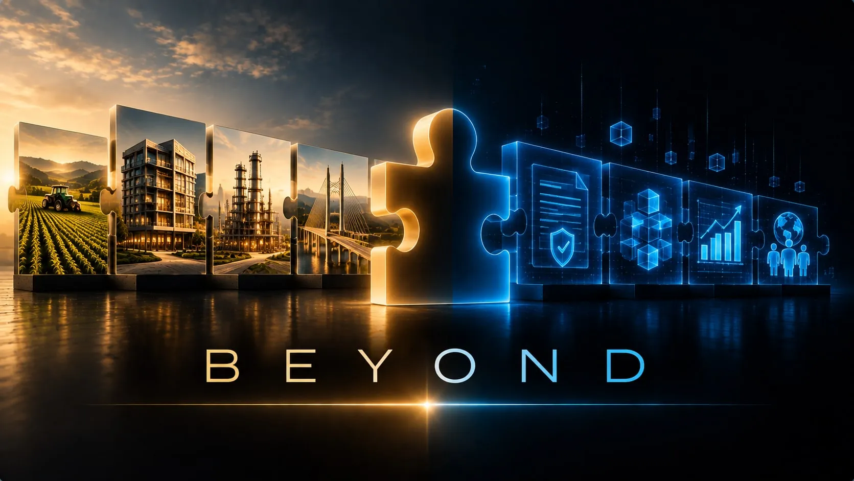 Beyond graphic with farmland, housing, industrial and bridge puzzle pieces joining digital compliance, blockchain, growth and investor pieces.