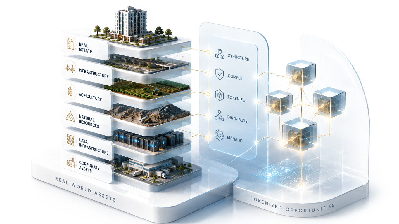 Layered illustration showing real estate, infrastructure, agriculture, natural resources, data infrastructure, and corporate assets transforming into tokenized opportunities